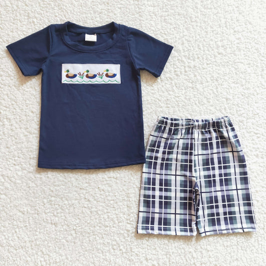 navy blue duck embroidery plaid shorts set