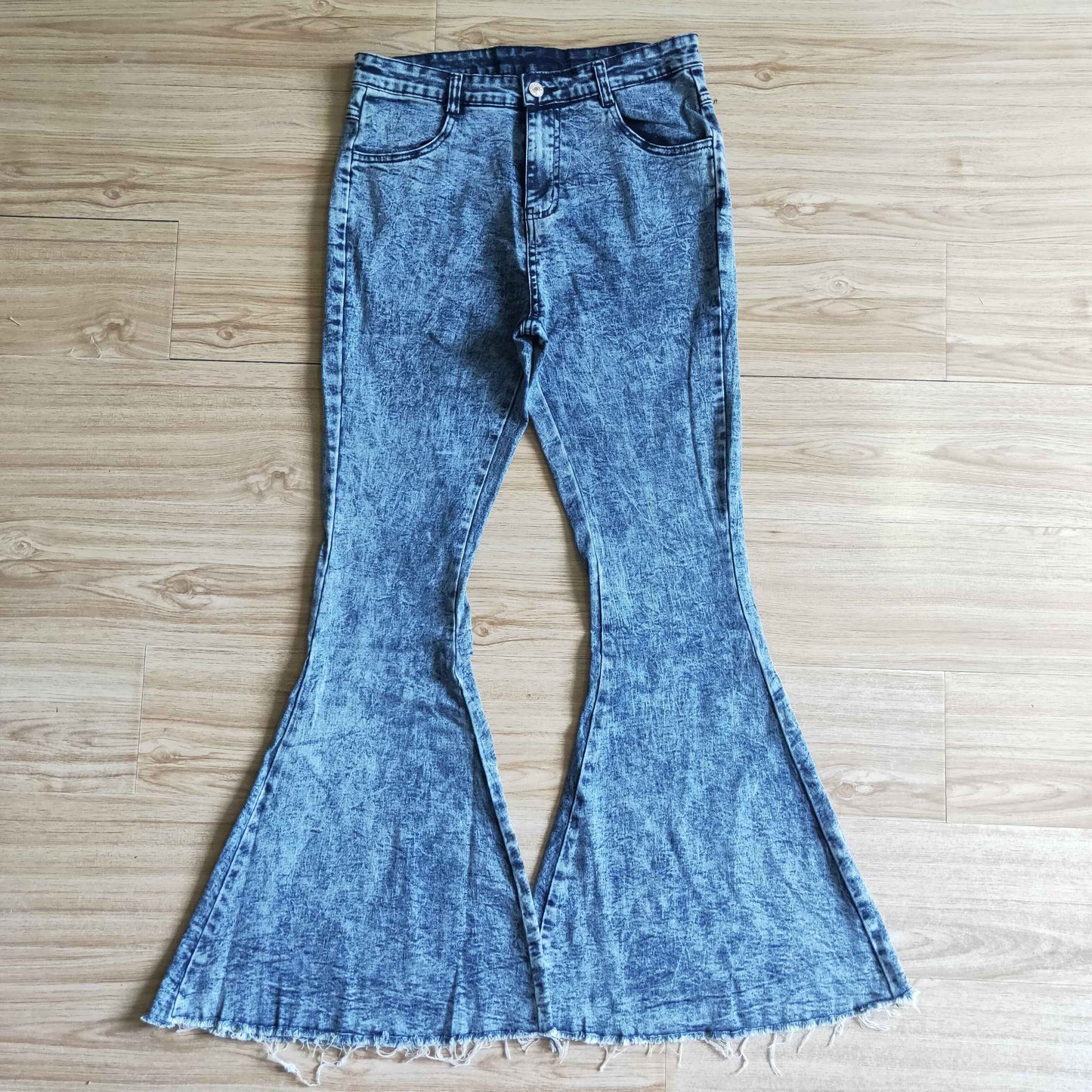 adult ladies blue stripe denim bell pants