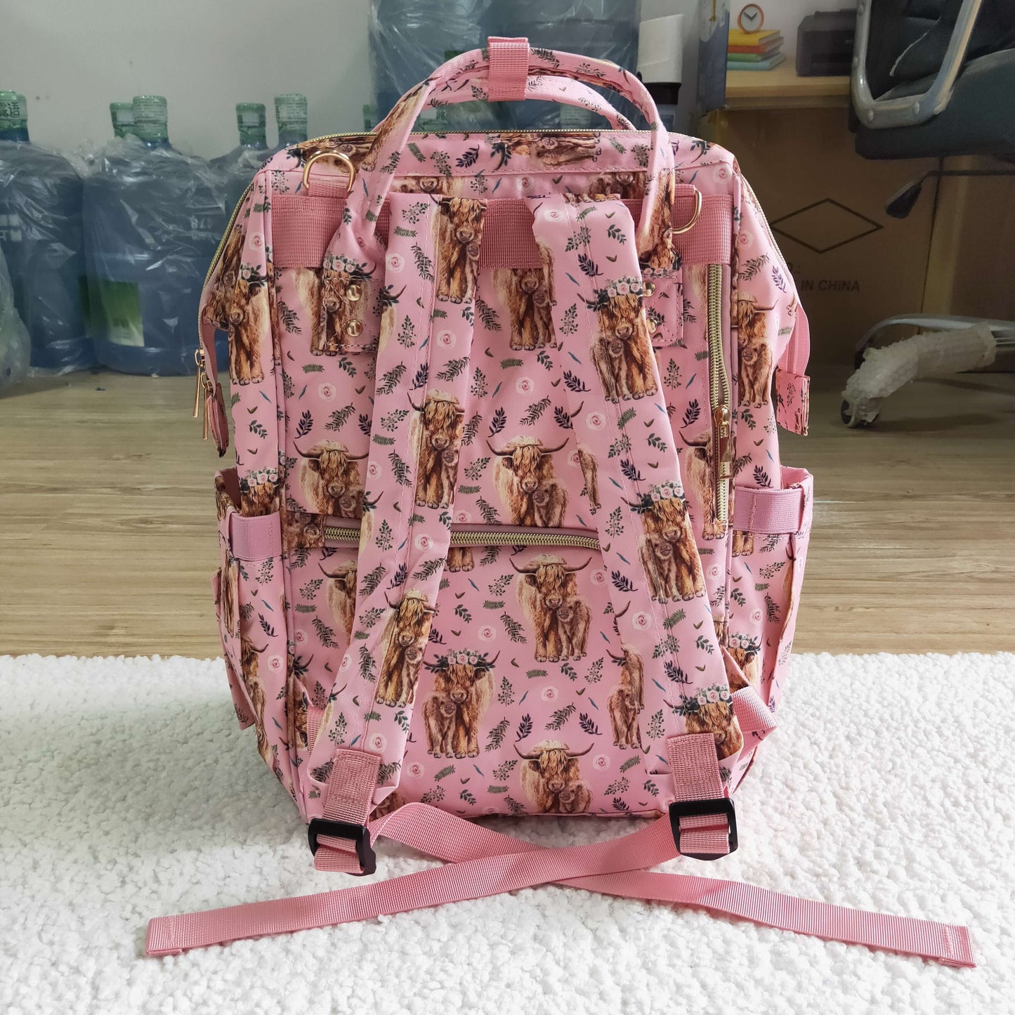 pink floral highland cow diaper bag backpack