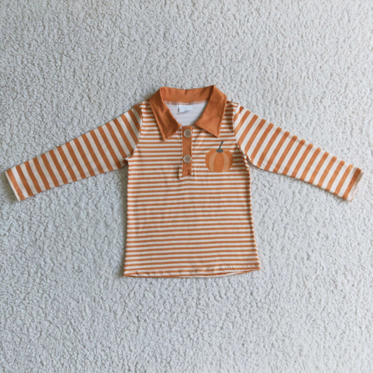 boy clothing fall orange stripe button shirt with pumpkin print