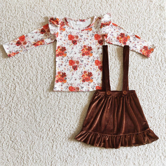 autumn flower brown velvet braces skirt outfit
