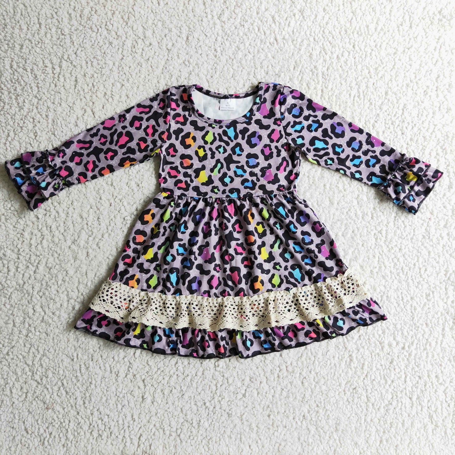 girl long sleeeve rainbow leopard ruffle dress