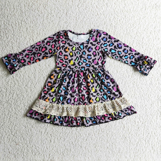girl long sleeeve rainbow leopard ruffle dress