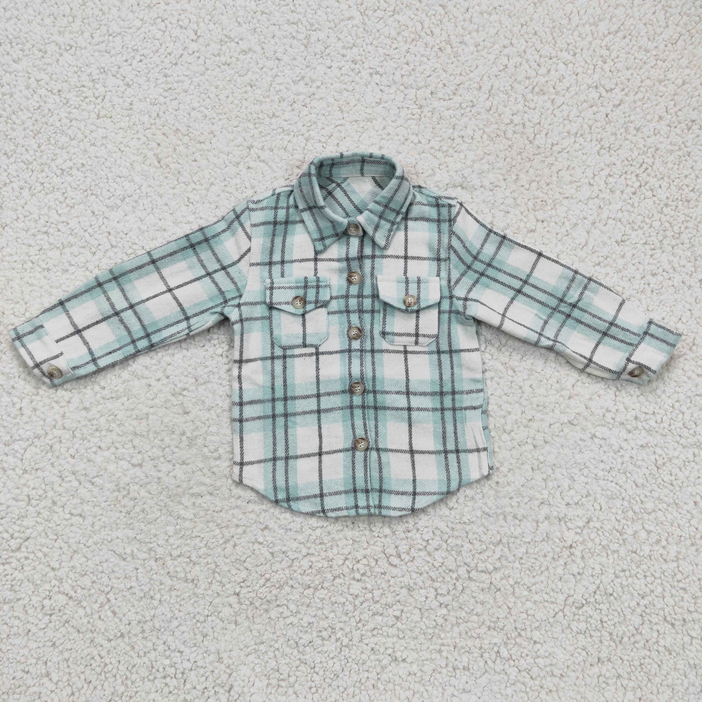 Green plaid cotton pocket boy flannel button up shirt
