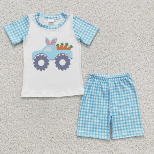 easter boy's outfit blue plaid carrot truck print
