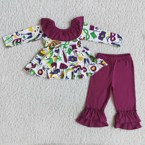 Mask Tunic Top Ruffle Pants Set for Mardi Gras