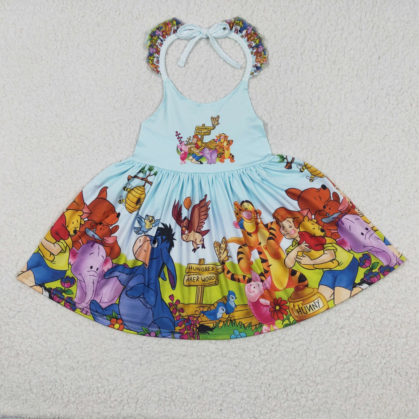 cartoon animal dress, halter dress, twirl dress,park theme