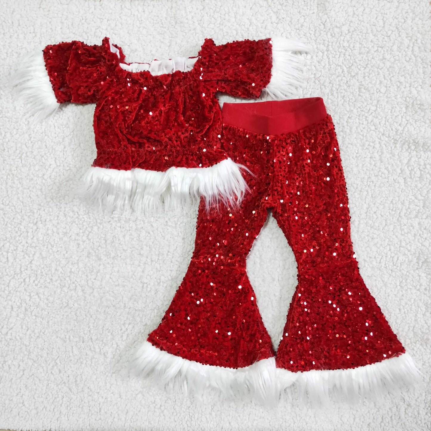 Short Sleeve Red Sequins Off-shoulder Top Bells Outfit for Christmas