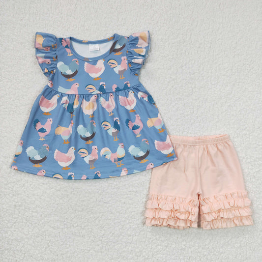 farm chicken ruffle cotton shorts set girl’s outfit