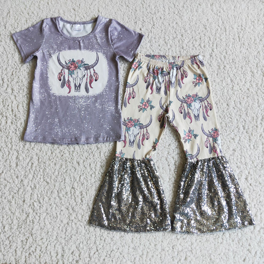 grey girl's cow pants set clothing