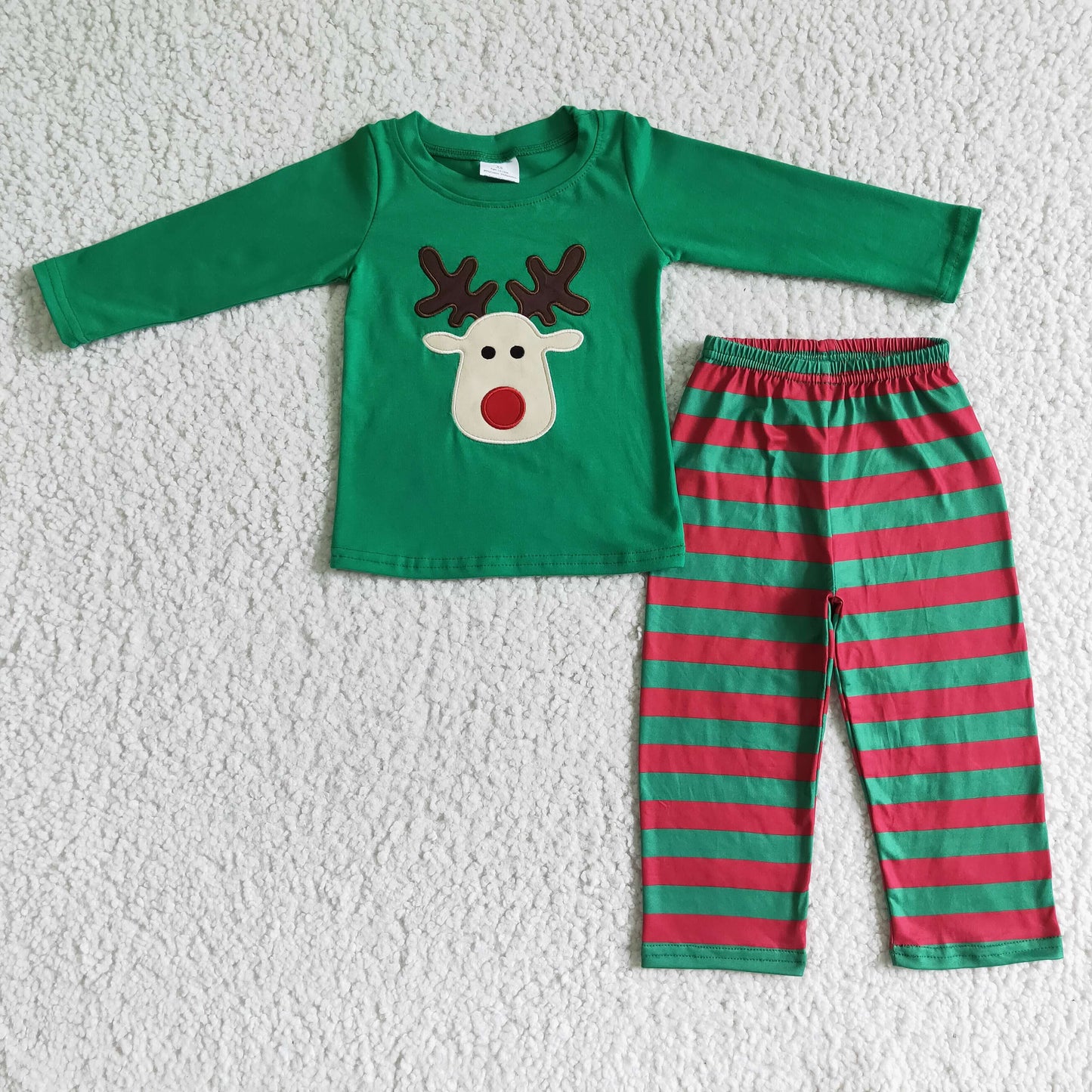 boy’s christmas green reindeer embroidery outfit stripe pants set