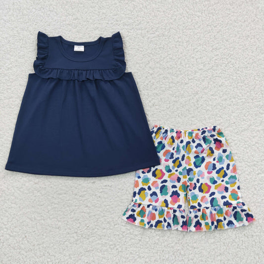 navy blue leopard shorts set girl’s outfit