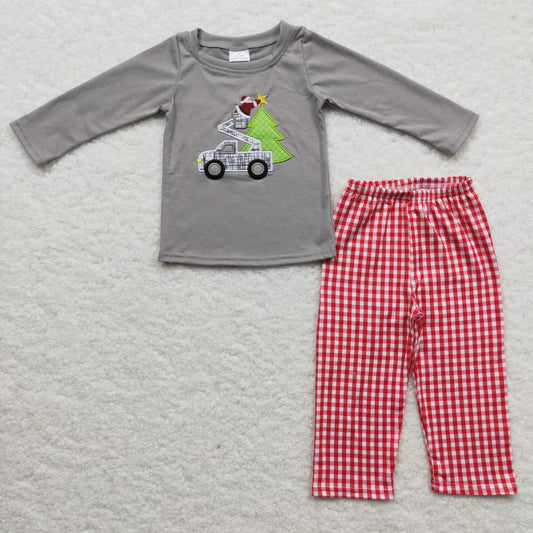 boy christmas truck embroidery outfit red checked clothes