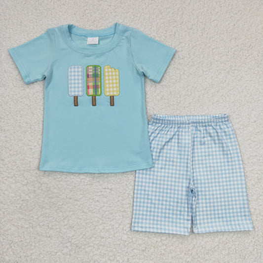 baby boy blue cotton popsicle embroidery shorts set