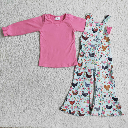 2pcs Pink Cotton Top Chicken Print Overall Pants Set