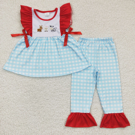 cow sheep horse embroidery blue plaid ruffle pants set