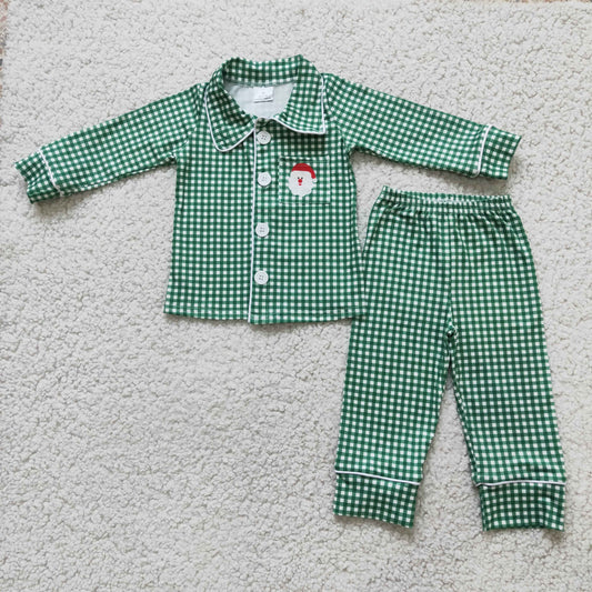 Green Plaid Santa Embroideried Pocket Pajamas Boy