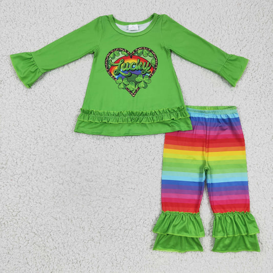 girl St Patrick's day green clover rainbow ruffle pants outfit