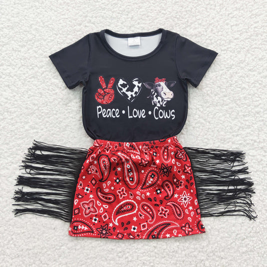girl cow printing tassel skirt outfit