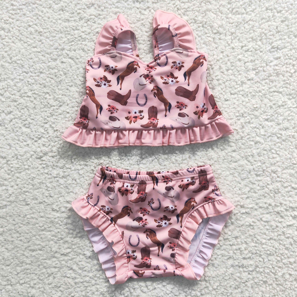 2pcs summer pink horse rodeo swimsuit girl clothes