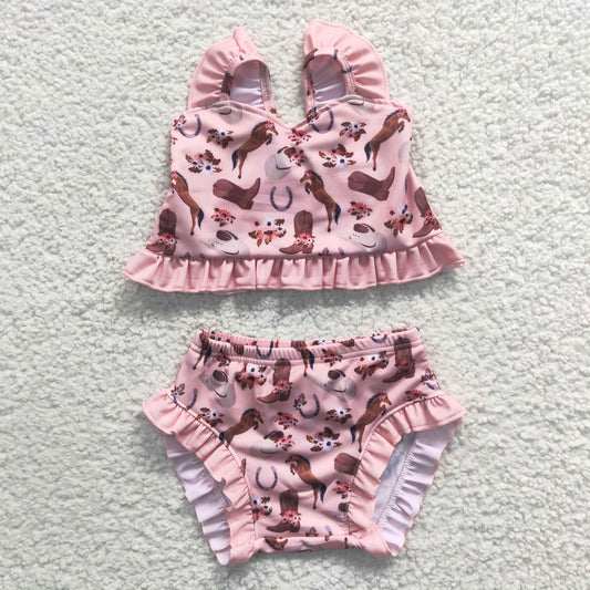 2pcs summer pink horse rodeo swimsuit girl clothes