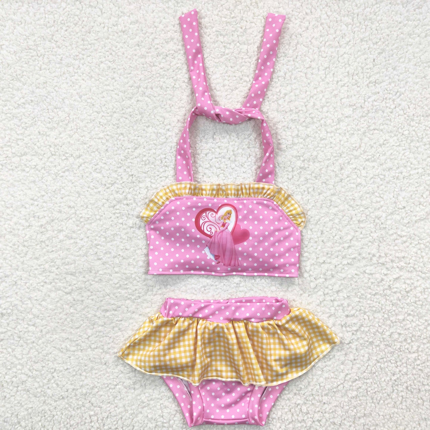 2pcs pink yellow princess ruffle swimsuit for girl