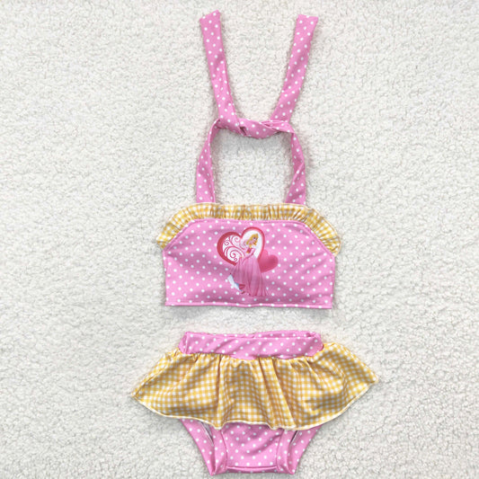 2pcs pink yellow princess ruffle swimsuit for girl