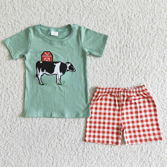 boy's cotton cow embroidery red plaid shorts set boy