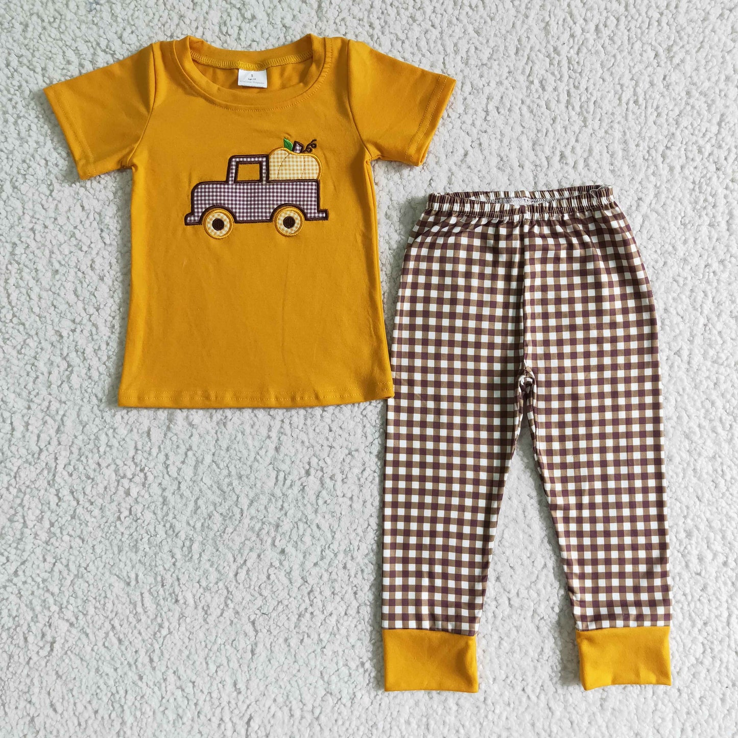 boy fall pumpkin truck embroidery pajamas mustard and brown plaid