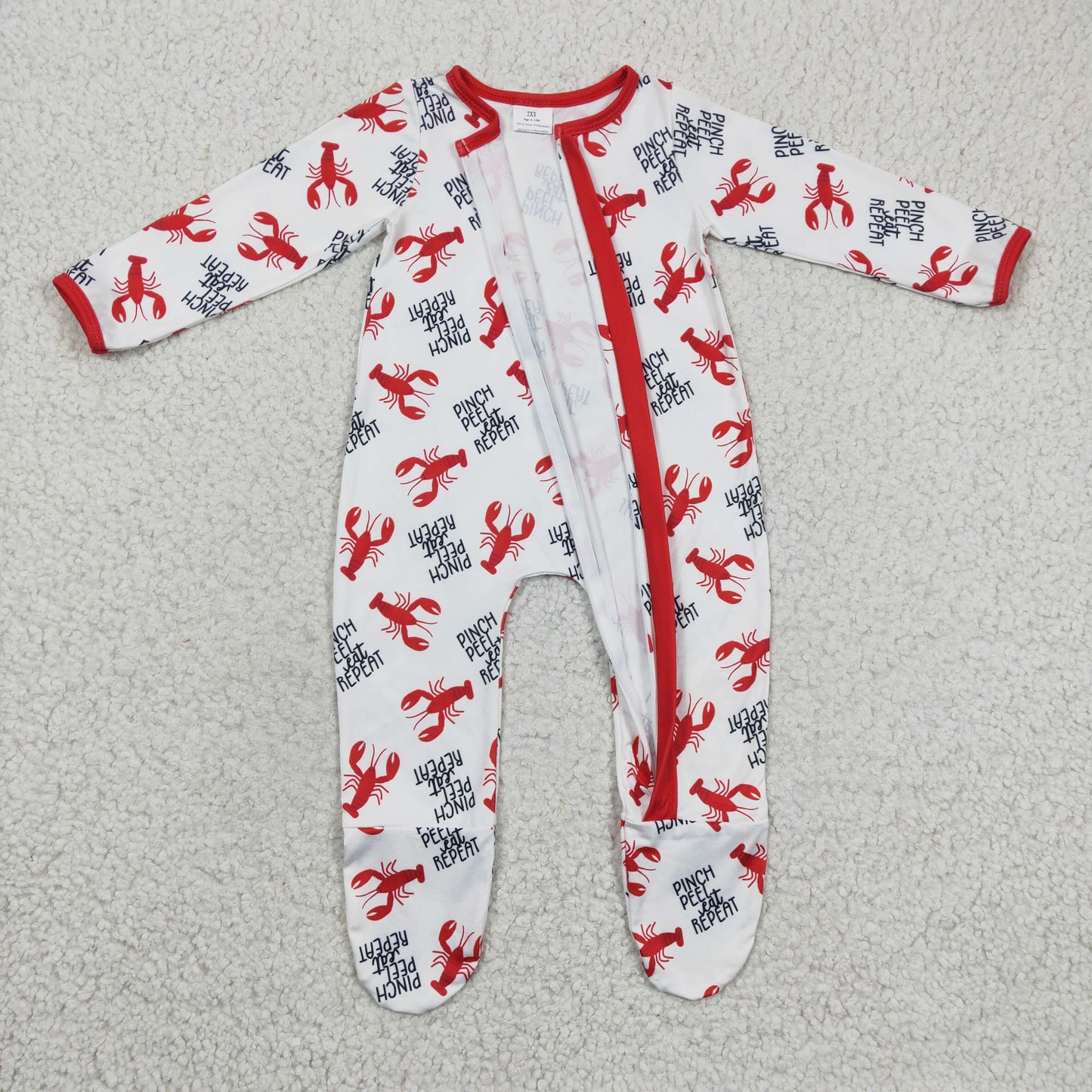 baby footed zip romper lobster pinch peel eat repeat