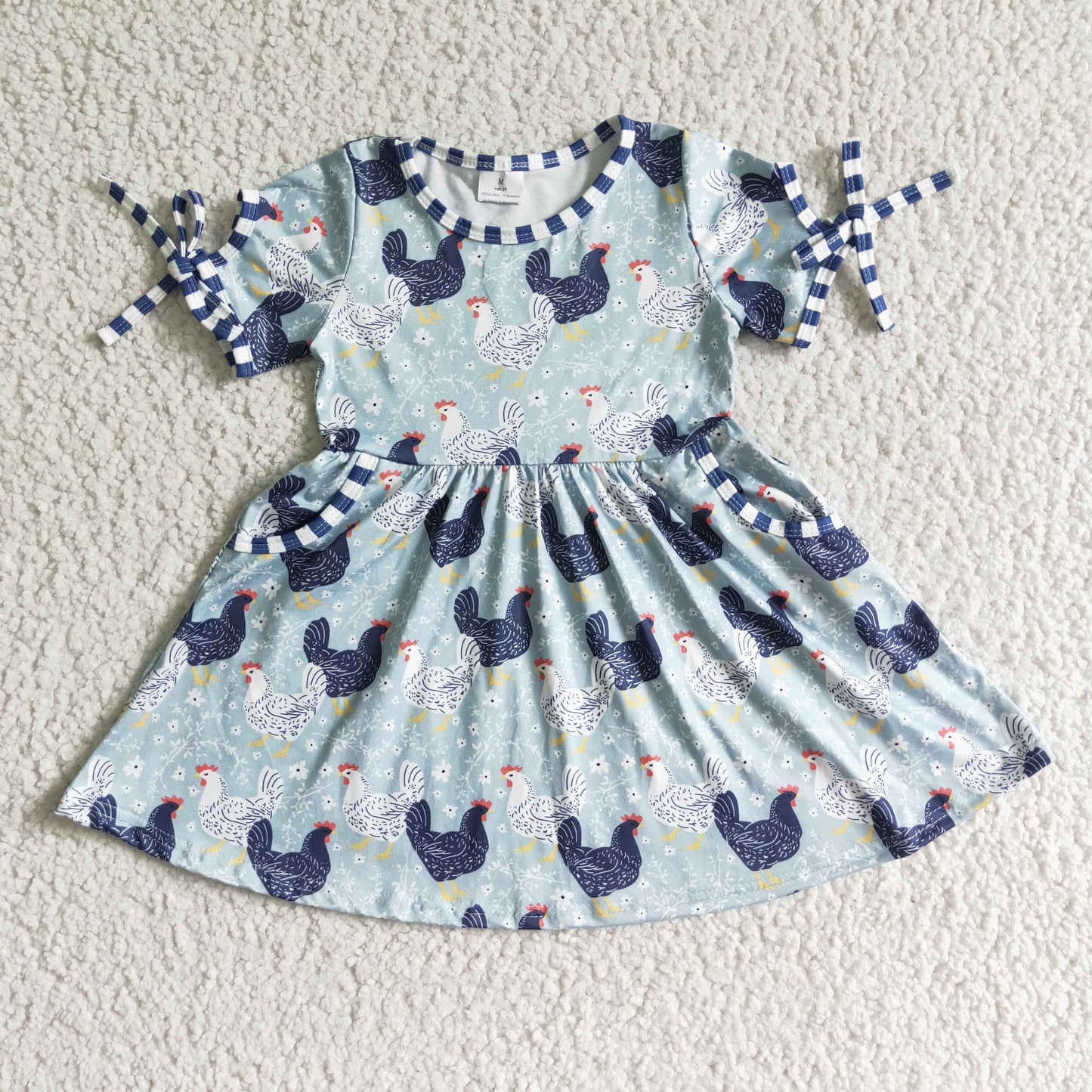 cute short sleeve blue chicken twirl dress with pockets
