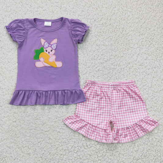 easter rabbit embroidery purple and pink shorts set