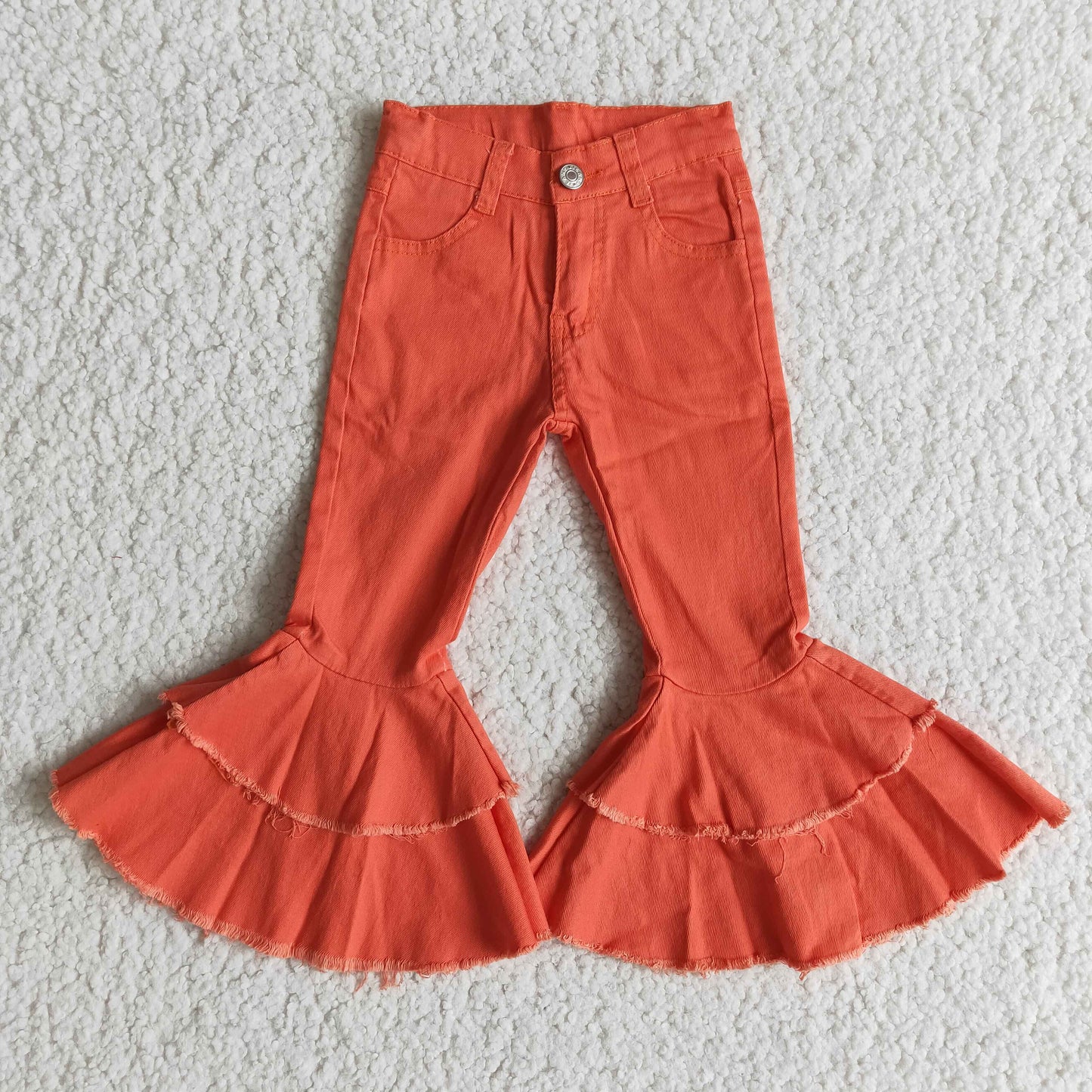 Red Orange Ruffle Flare Denim Pants