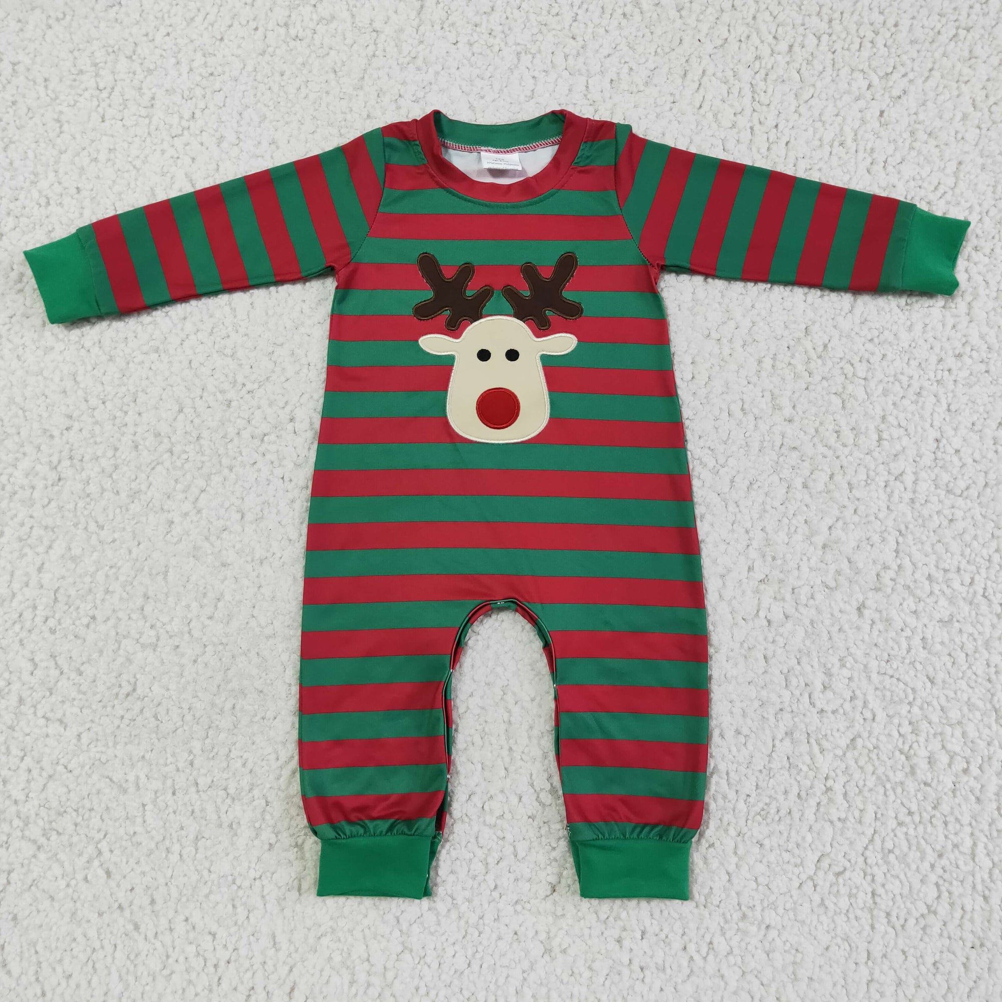 christmas green stripe deer embroidery romper boy