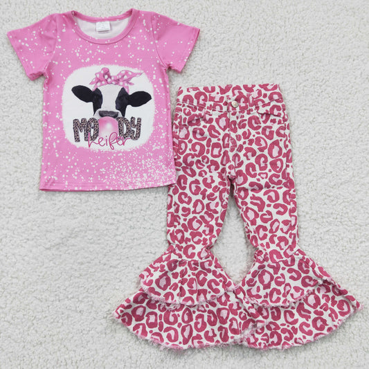 moody heifer shirt and pink leopard denim pants set