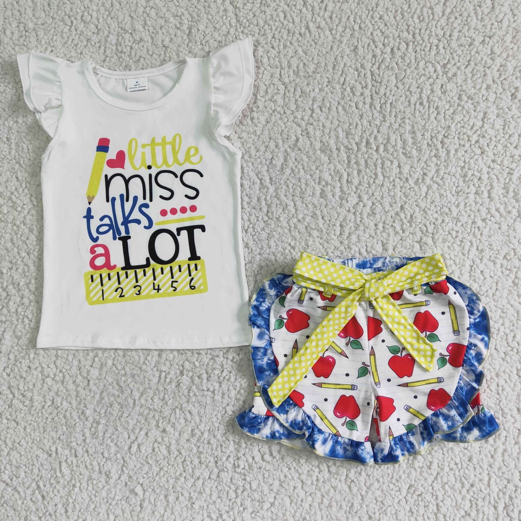 girl's back to school outfit apple print shorts set