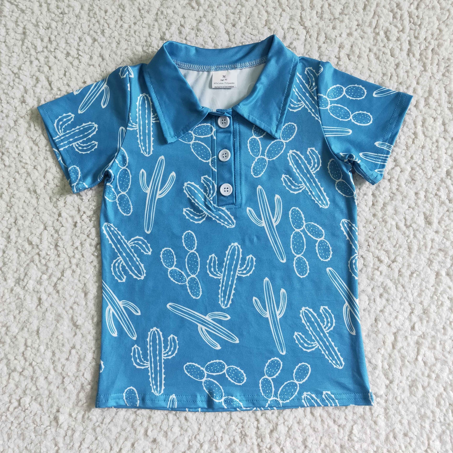 summer boy short sleeve blue cactus button t-shirt