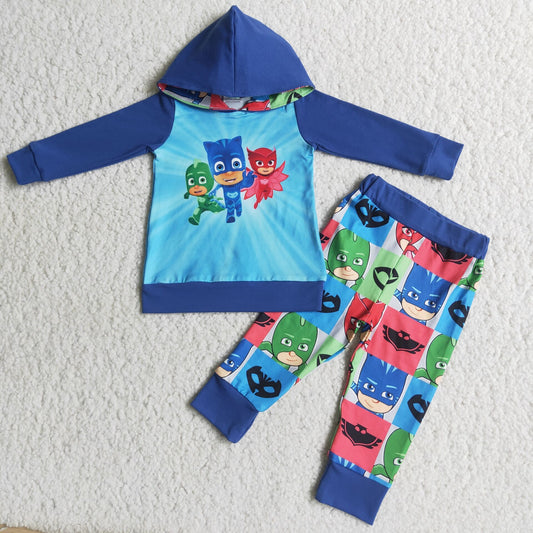 Blue Super Cartoon Boy Hoodie Outfit
