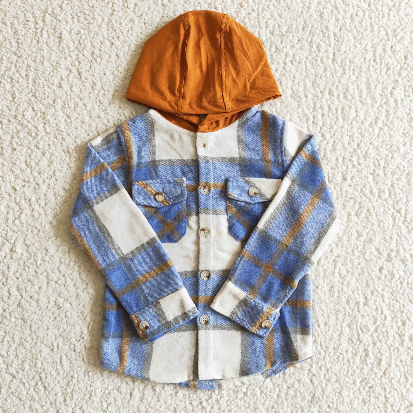 children's clothing boy flannel blue white plaid hoodie button coat winter
