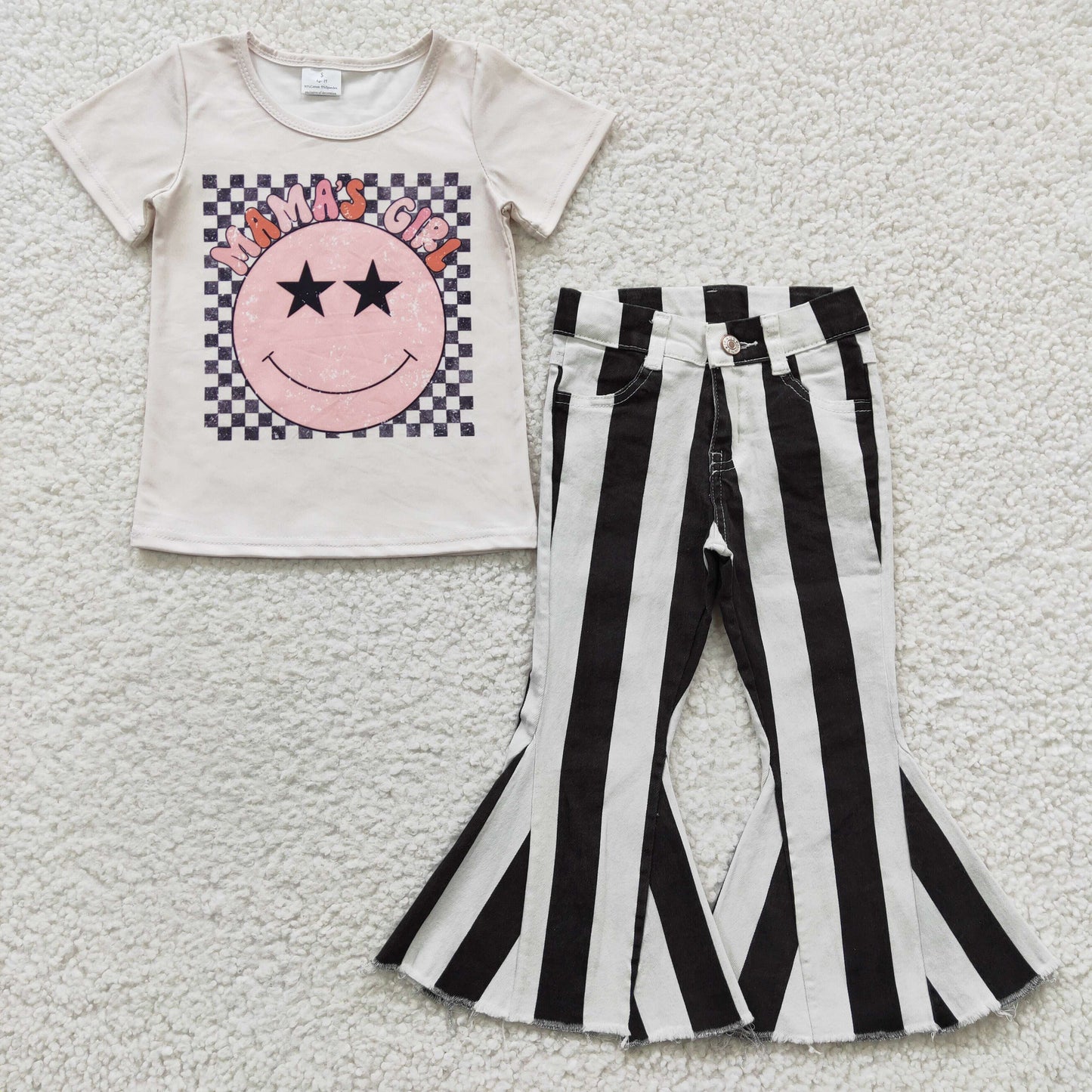 smile t-shirt black stripe denim pants set