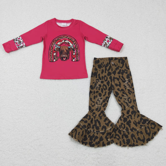 2pcs pink cow top leopard denim pants set