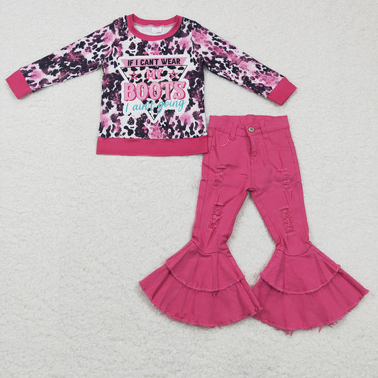 2pcs pink leopard top denim pants set
