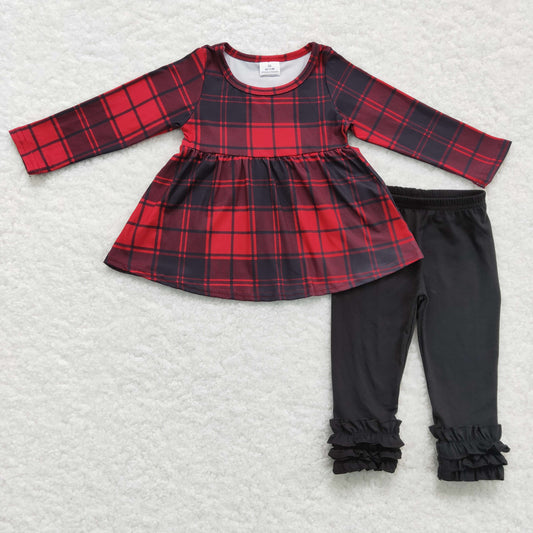 girl christmas red black plaid icing pants clothing set