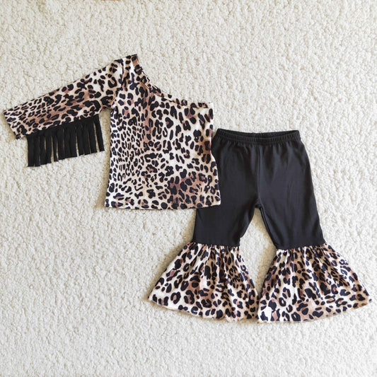 leopard fashion one shoulder shirt bells set