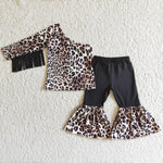 leopard fashion one shoulder shirt bells set