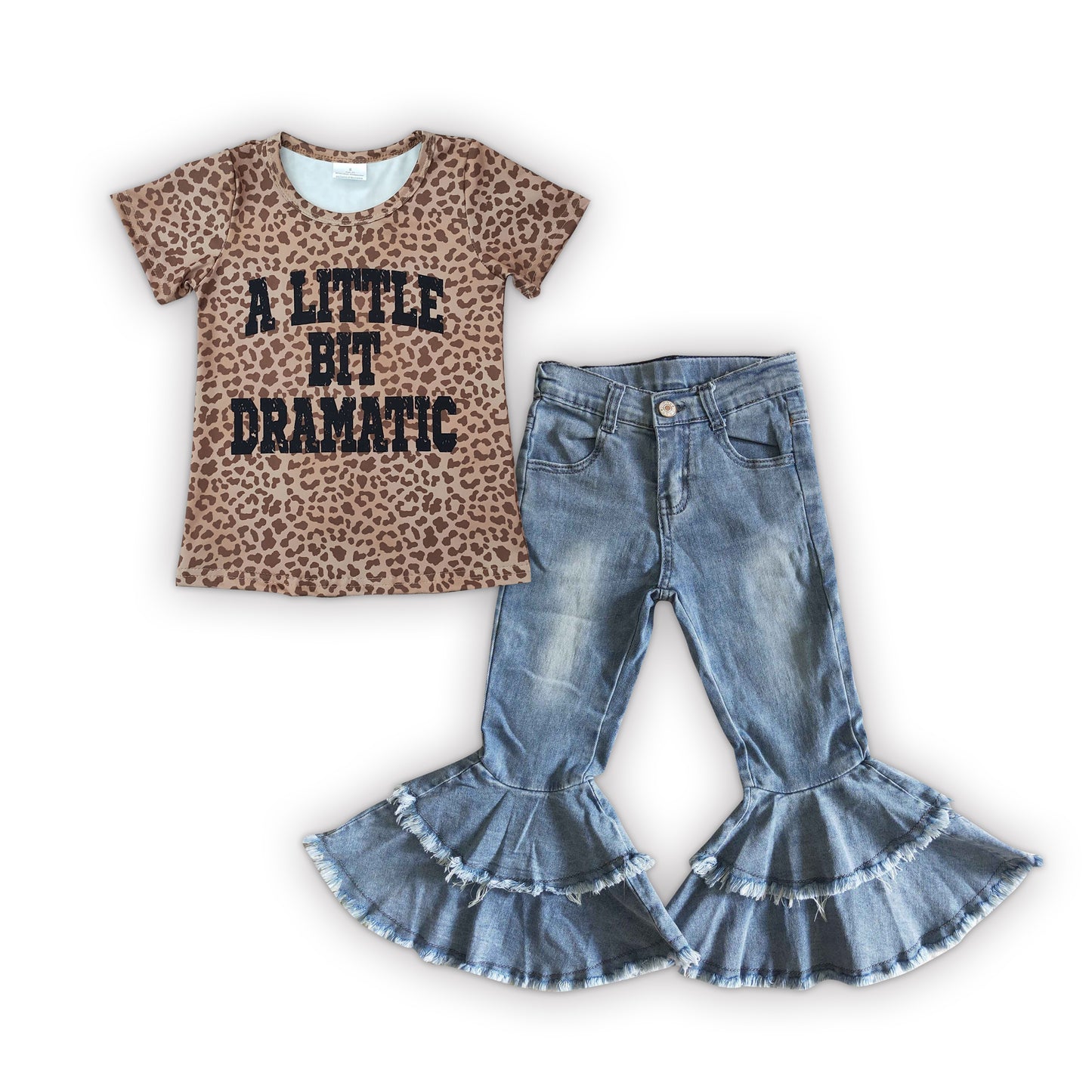 kids fashion leopard t-shirt denim pants set