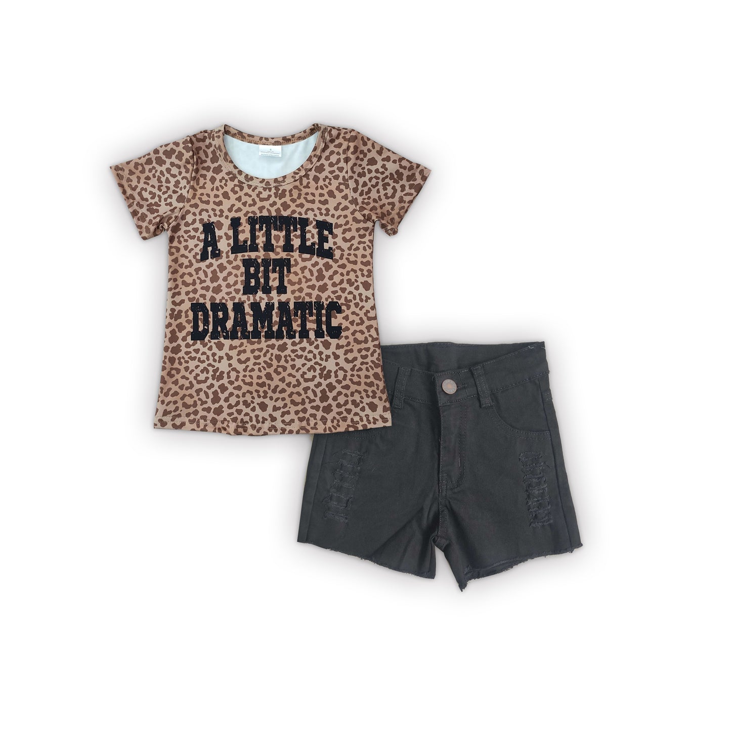 kids leopard t shirt and black denim shorts set outfits