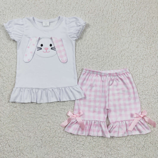Easter white pink rabbit embroidery shorts set girl