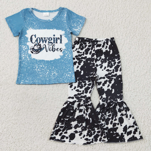 cowgirl vibes blue t-shirt cow print bell bottom clothing set GSPO0316