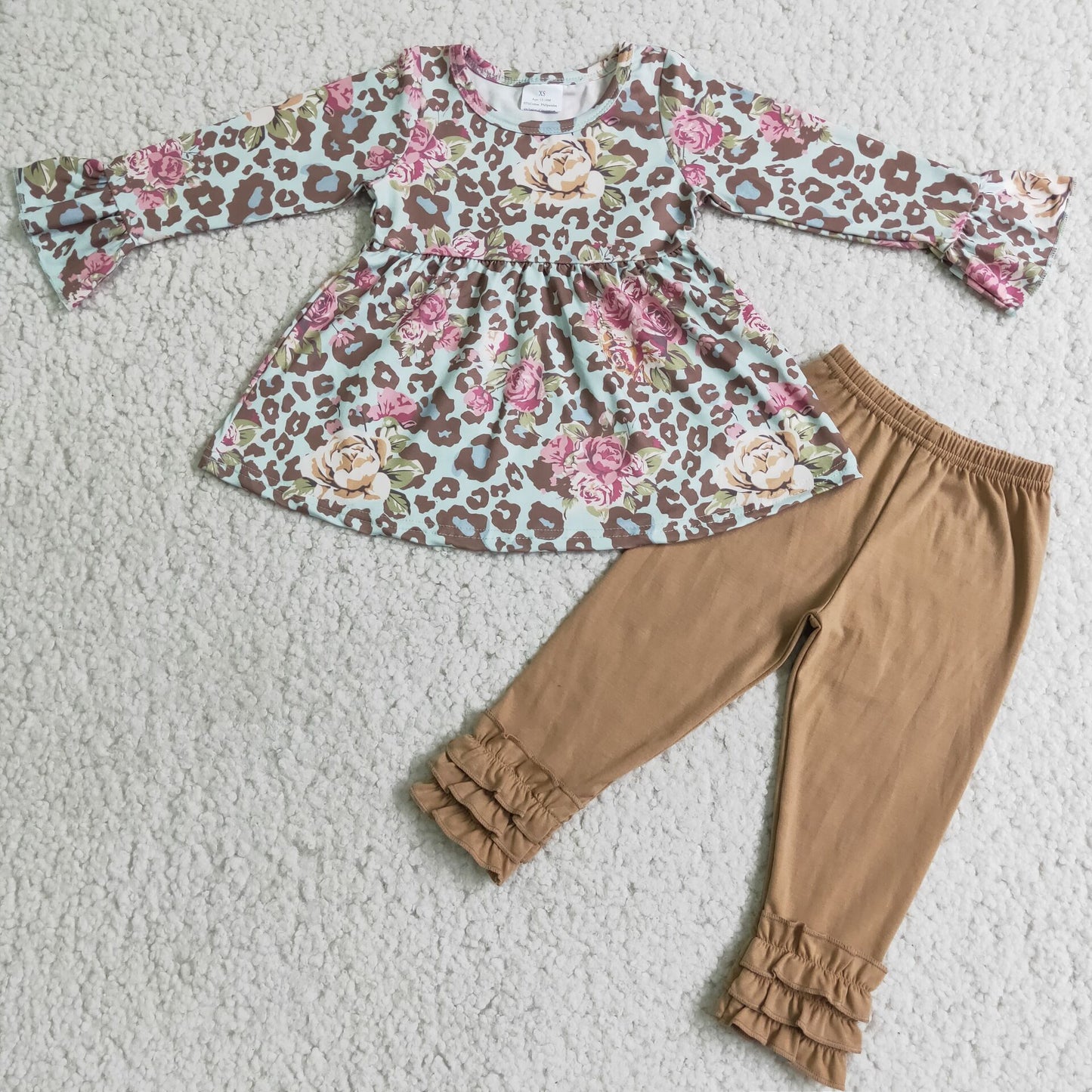 Leopard Floral Tunic Top Brown Ruffle Pants Set